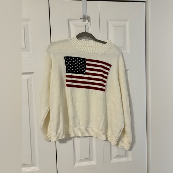 Amazon Sweaters - Amazon Cream Crewneck Sweater with Red and Blue Flag Motif